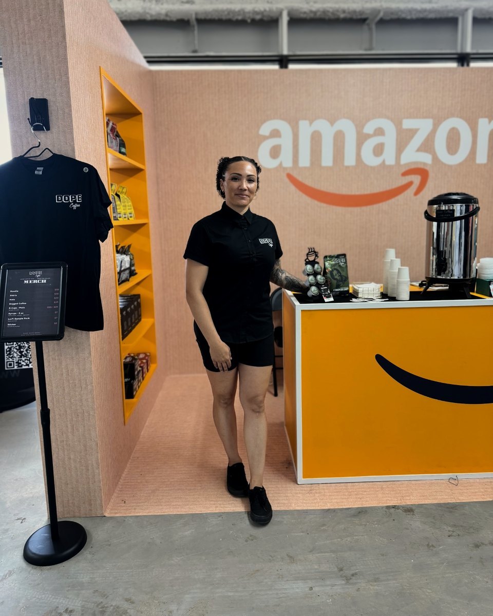 Chel at the Dope Coffee booth inside Amazon’s Atlanta popup