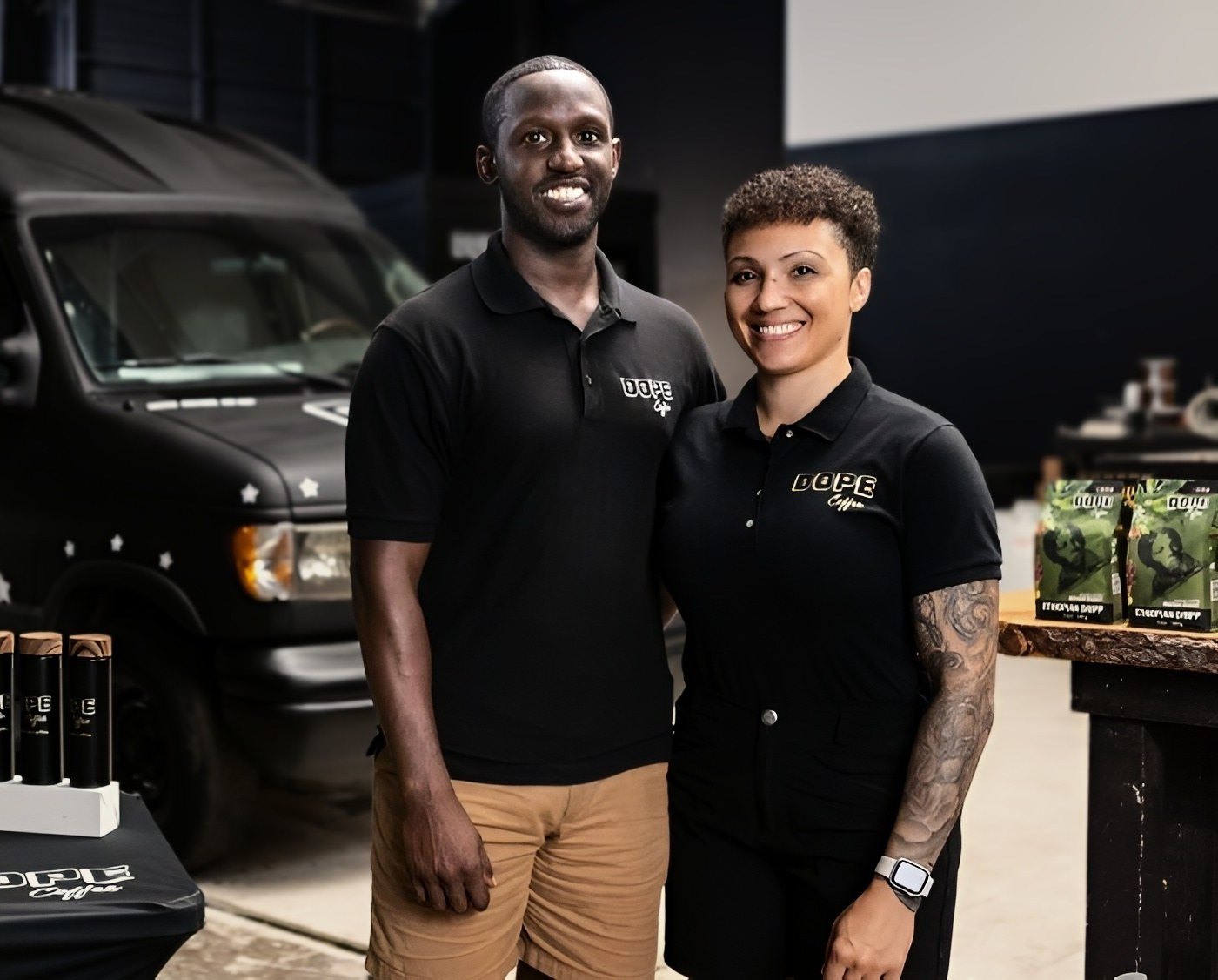 Mike and Chel Loyd in front of the Dope Coffee cold brew bus