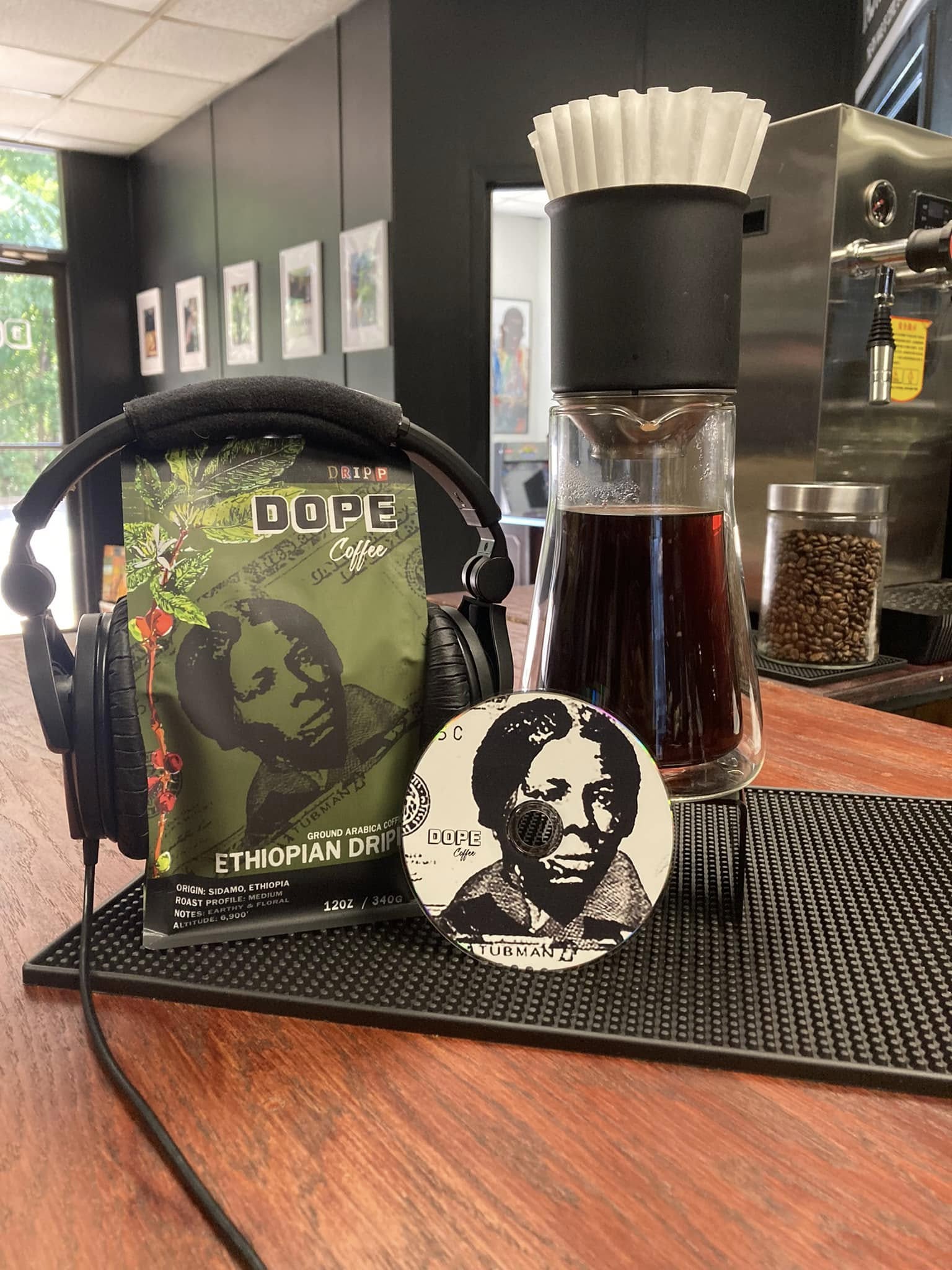 Ethiopian Dripp — real pour-over setup with the bag and CD