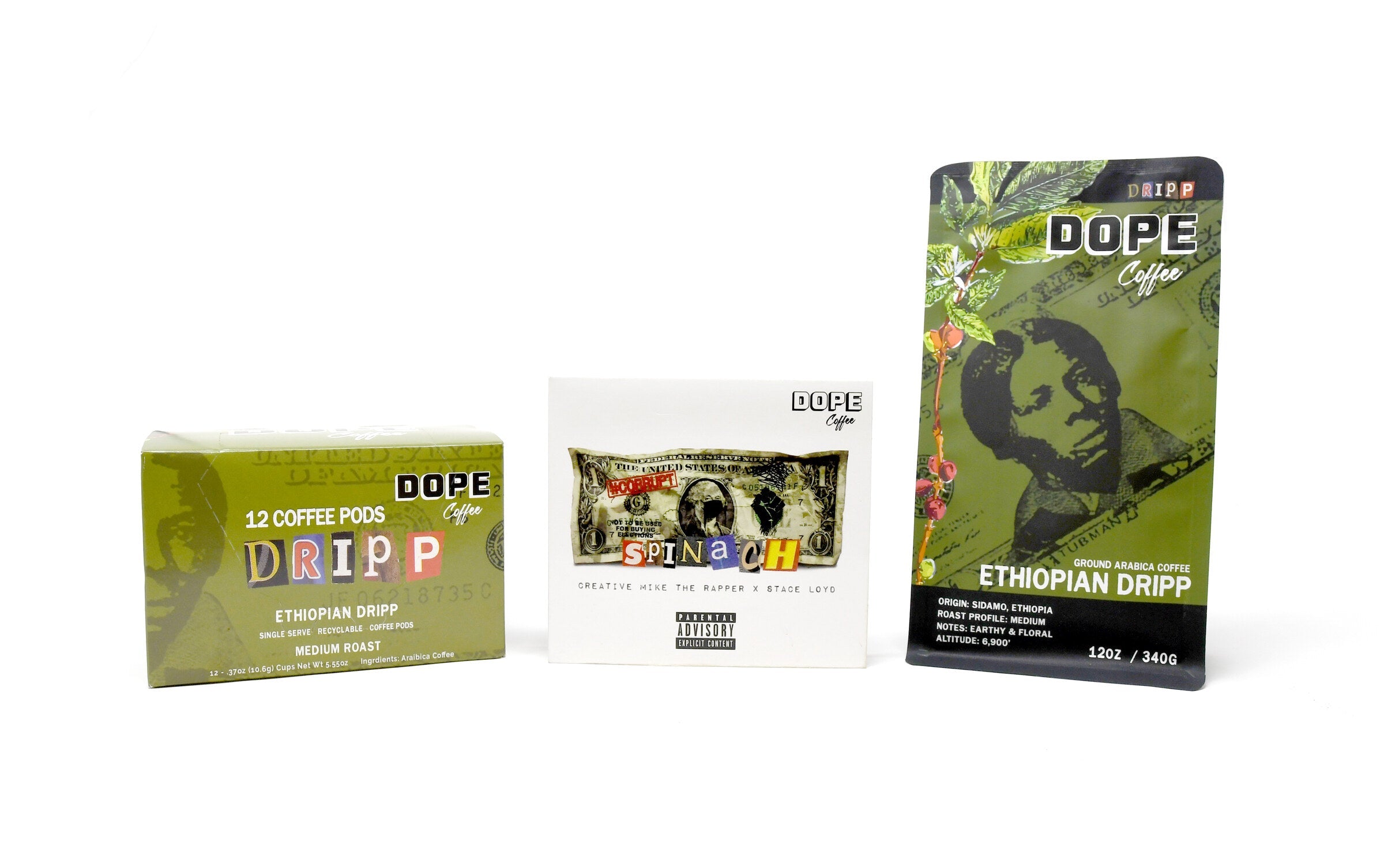 Ethiopian Dripp — pods, SPINACH CD and bag together, studio