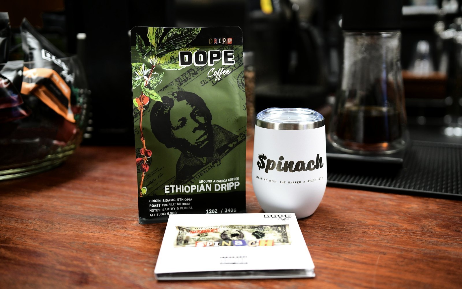 Ethiopian Dripp, a SPINACH cup and the SPINACH CD on the bar