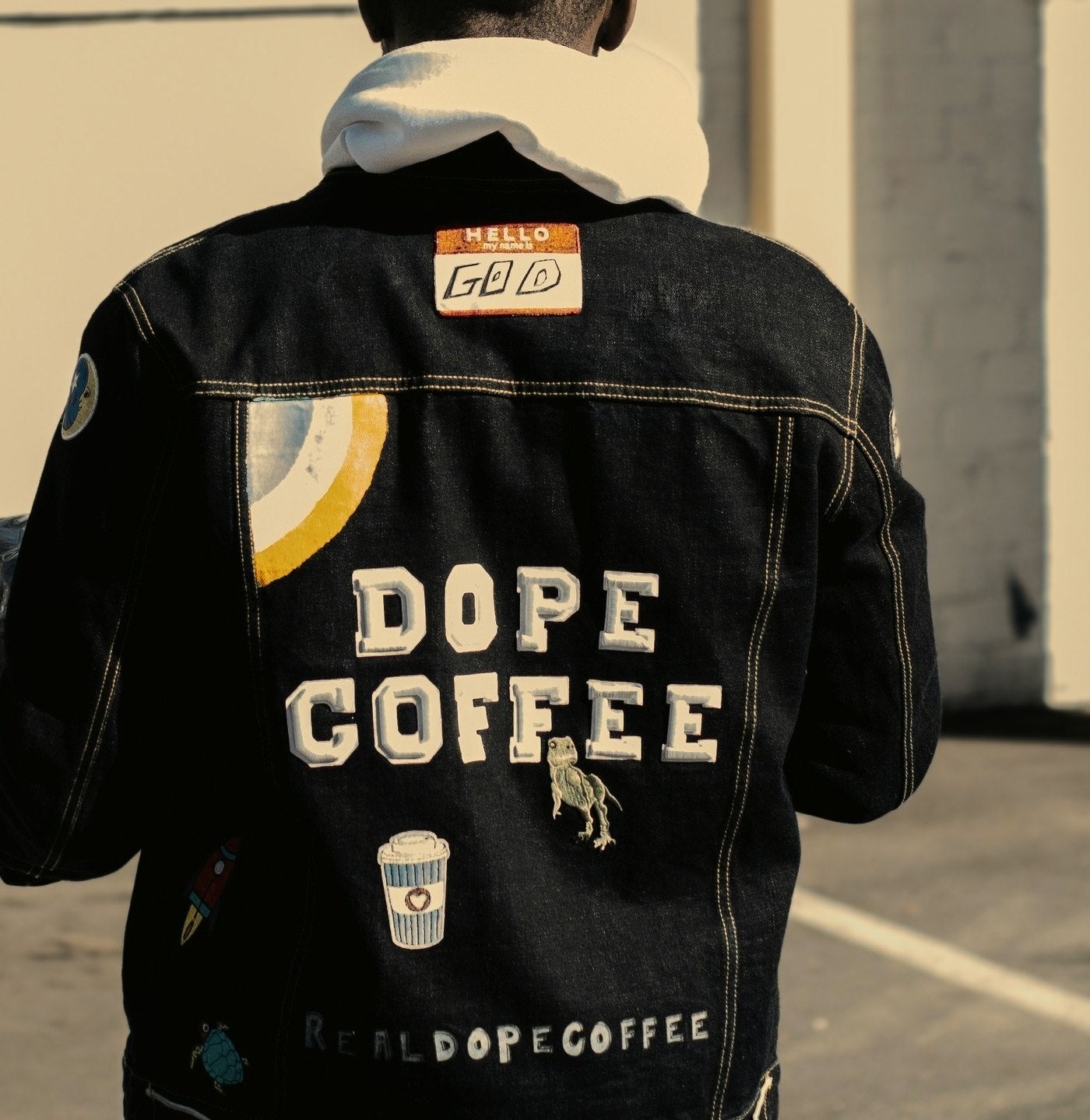The back of Mike’s hand-made DOPE COFFEE denim jacket